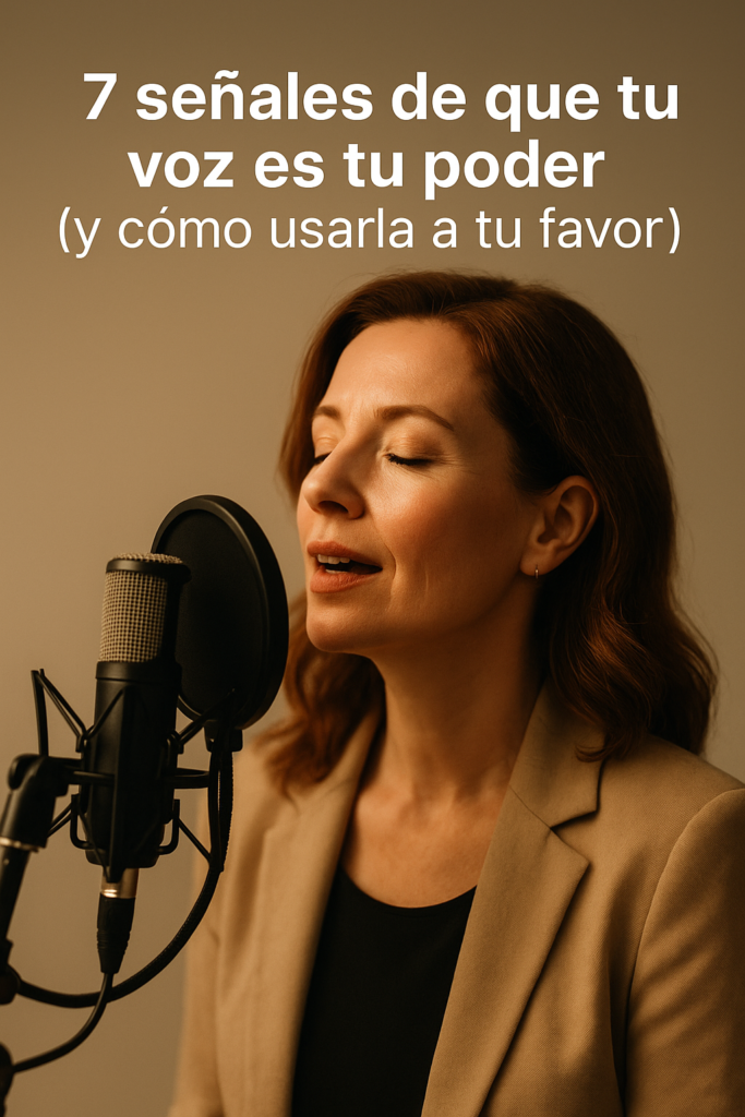 Mujer hablando frente a un micrófono, simbolizando el poder de la voz y la expresión auténtica.